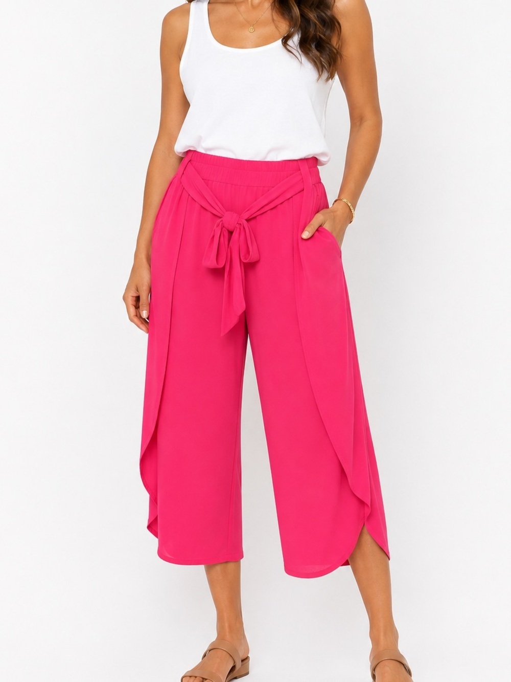 White Birch bright pink wide-leg pants with a high-low cape overlay